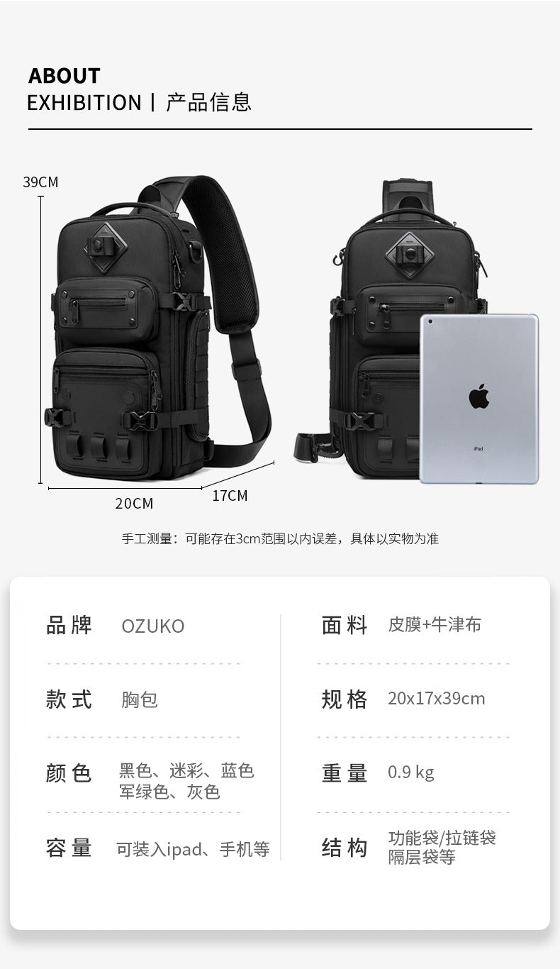 OZUKO Tactical Chest Bag Men's Crossbody Bag Shoulder Bag Men's Outdoor Sports Waterproof High-Quality Men's Bag