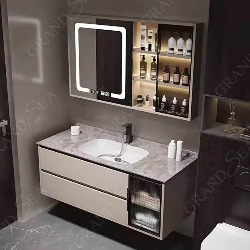 Modern Simple Design Bath Wall Mounted Bathroom Mirrored Vanity Cabinet With Ceramic Sink
