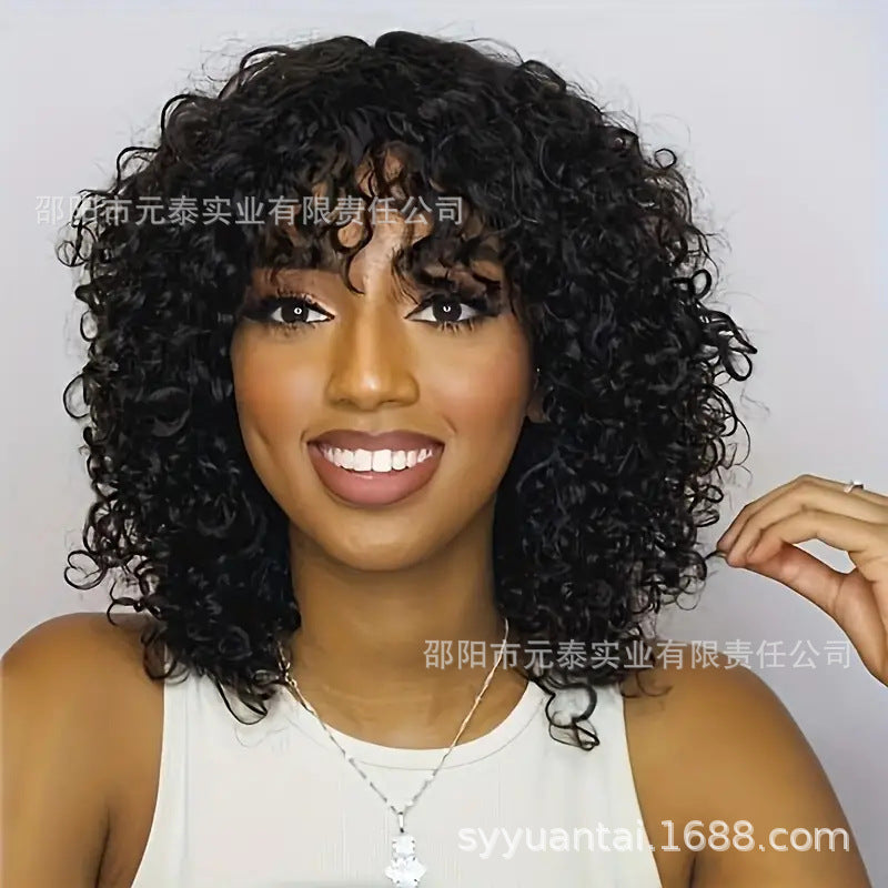 Short Bob Curly  100% Human Hair Wig With Bangs for Women