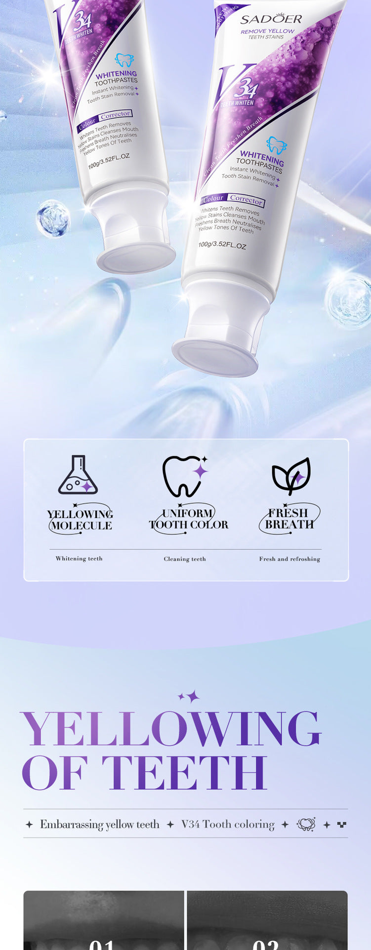 Full English V34Whitening Toothpaste SADOER Clean Tartar Brightening Toothpaste  Wholesale