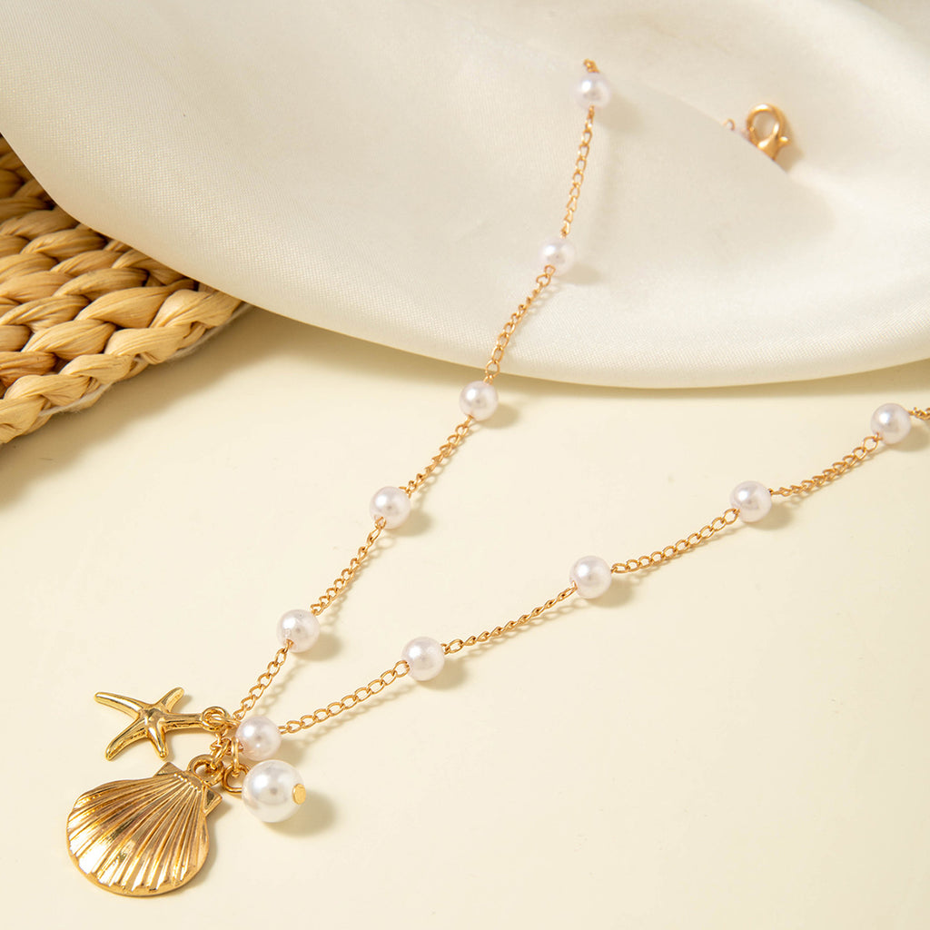 Jewelry Beaded Necklace Beach Imitation Pearl Necklace Starfish Shell Retro Vacation Small Multi-layer Necklace for Women