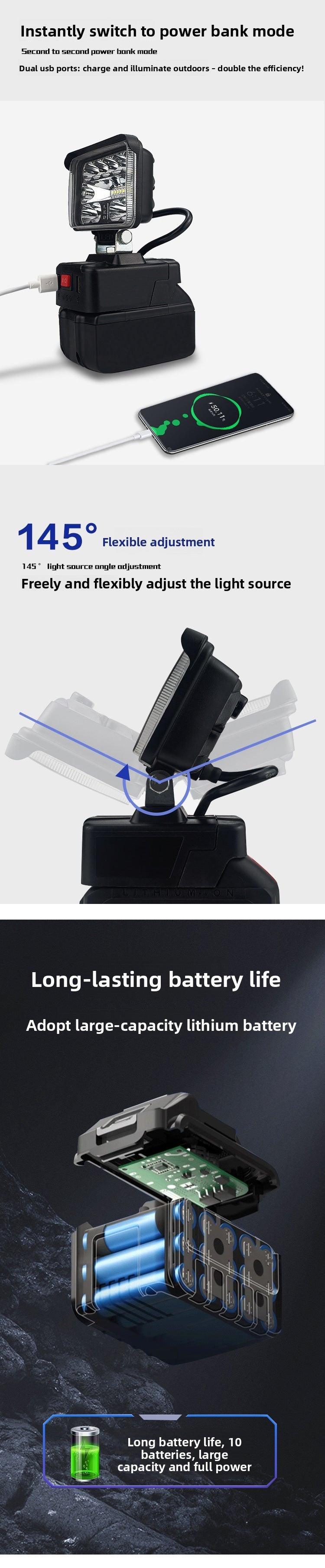 MT Dayi Universal Lithium Battery LED High Brightness Lighting Work Light for Renovation, Construction, Outdoor Camping, and Exploration