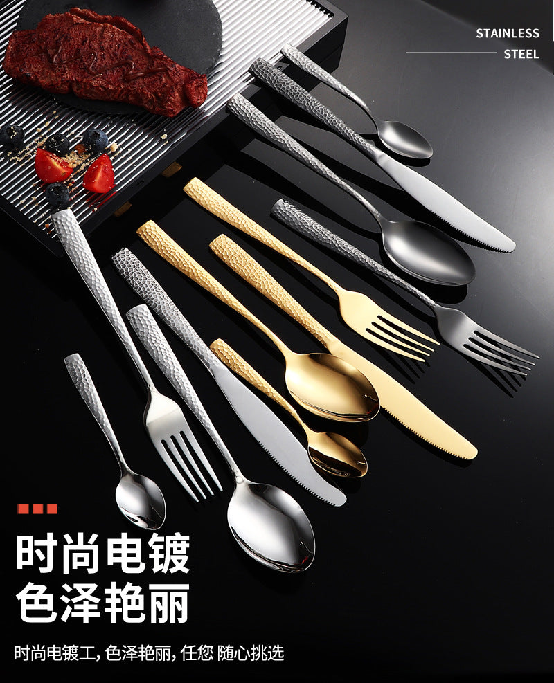 410Stainless Steel Cutlery Restaurant Western Hammered Square Handle Knife Fork Spoon Set Hotel Home Steak Knife Fork