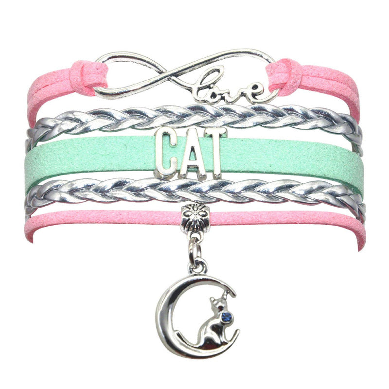Multi-layer Hand-woven Bracelet for Women Gift with Rhinestone Little Cat CAT Letter Bracelet Moon Cat Braided Bracelet
