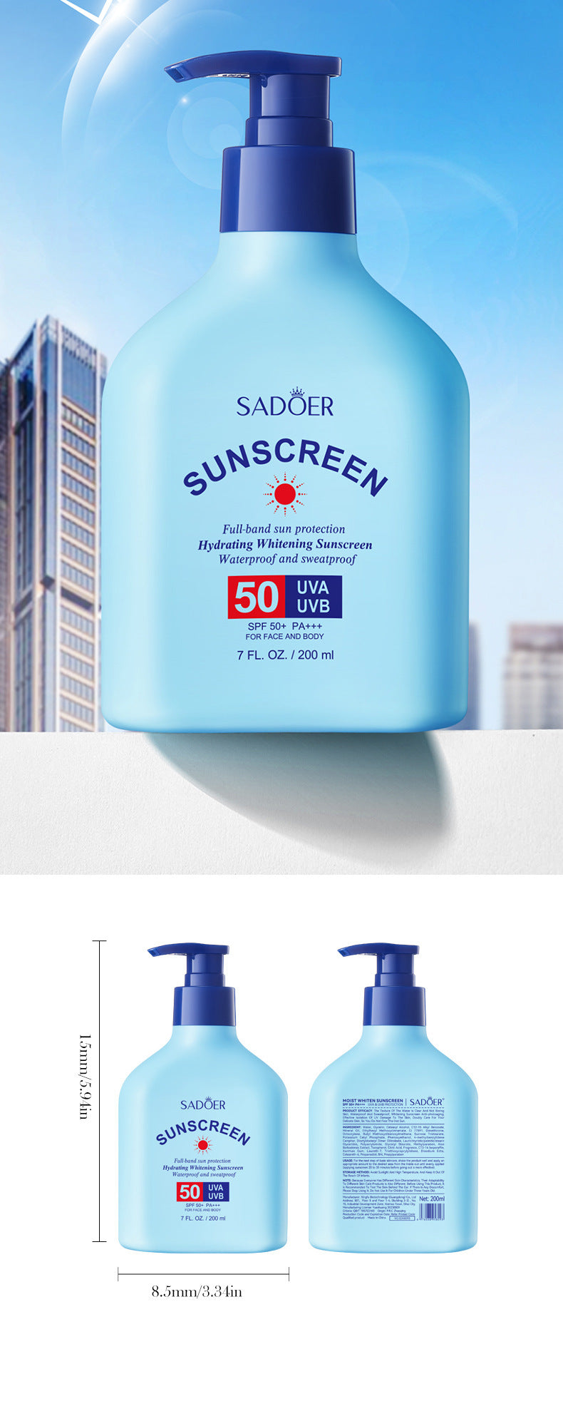 Sunscreen SADOER Hydrating, moisturizing, whitening, refreshing, UV protection sunscreen lotion for cross-border foreign trade wholesale