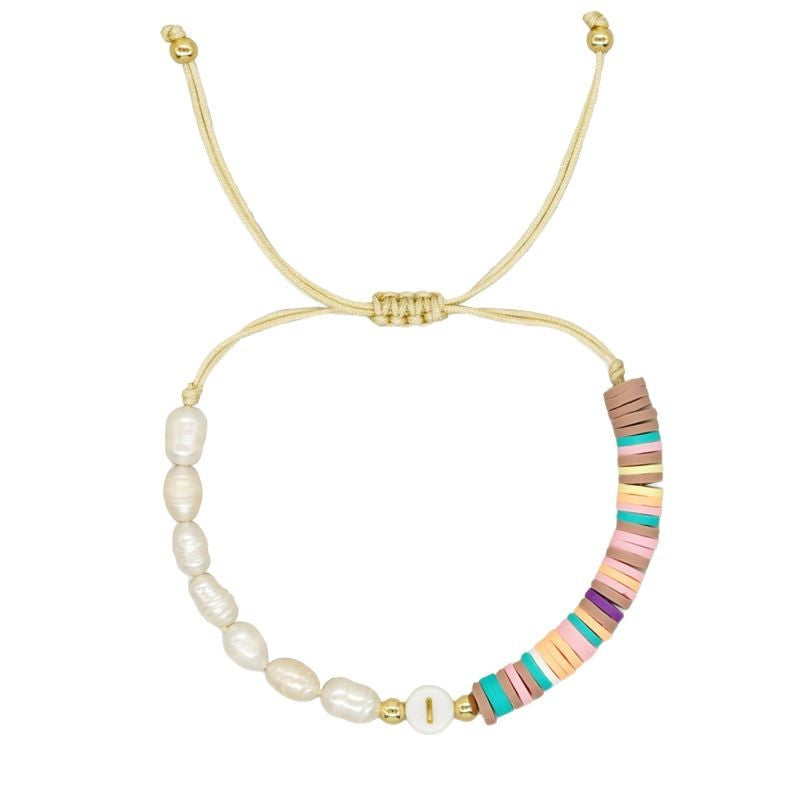 Imitation pearl26Letter Bracelet Bohemian Casual Vacation Bracelet Gold Beads Stretchable Soft Clay Woven Bracelet