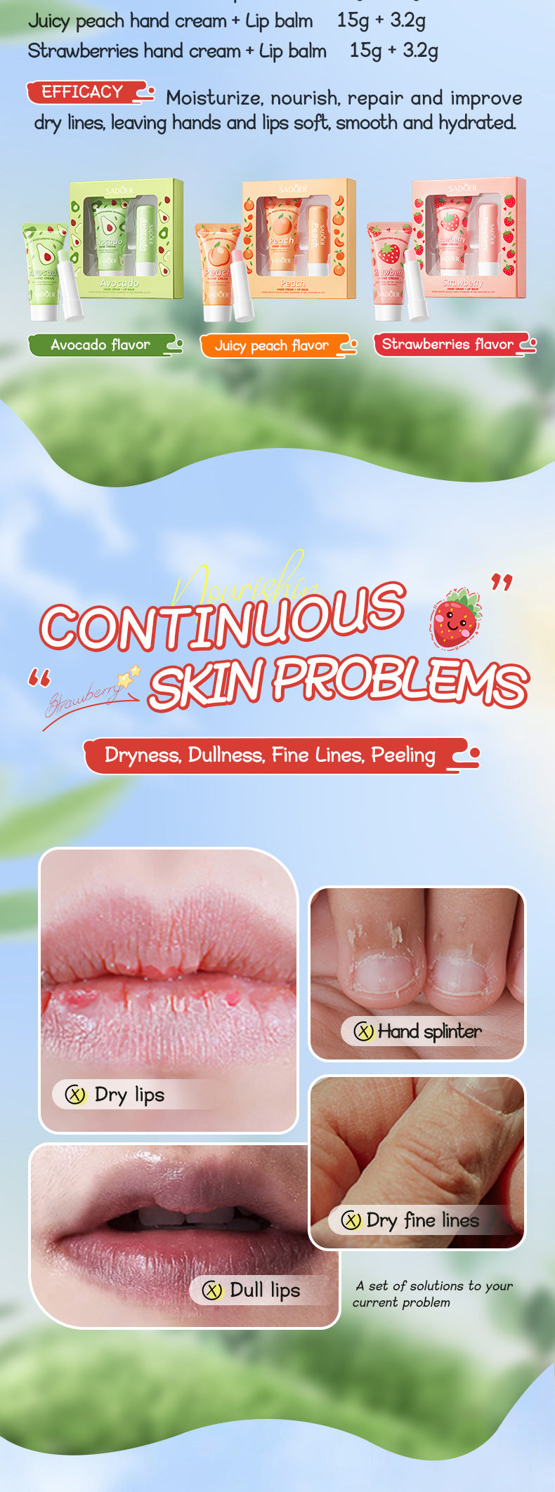 Full English Strawberry Hand Cream Lip Balm Set SADOER Nourishing Autumn and Winter Hand Cream Lip Balm  Wholesale