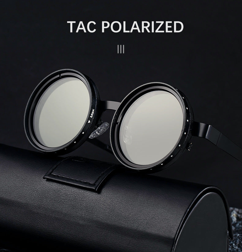 ND Nine-Stage Manual Adjustable Zoom Glasses Anti-Glare Round Frame Sunscreen Sunglasses High-End Polarized Sunglasses for Men