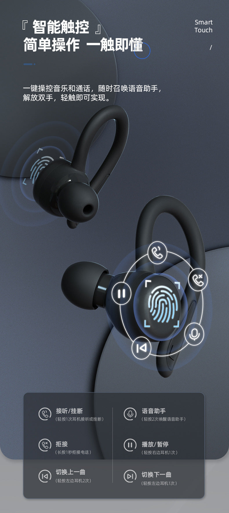 Factory Direct Touch-Control Ear-Hook Headphones Long Battery Life High-Quality Sound Wireless Bluetooth Headphones Support Customization