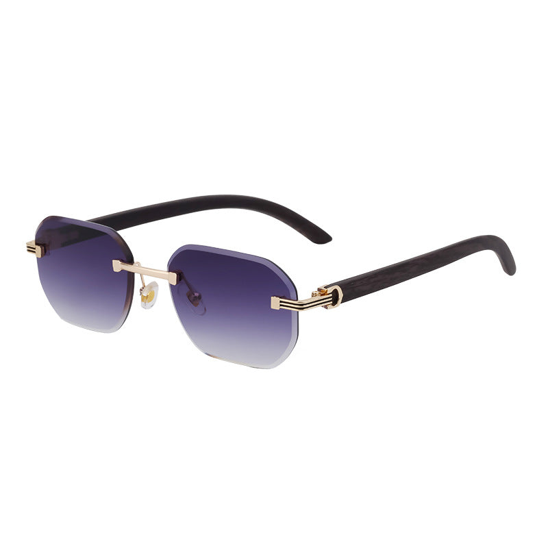 【Customization】Diamond Cut Rimless Glasses for Men, European and American Retro Style, Imitation Wood Grain Temple Sunglasses, Sun Protection Sunglasses