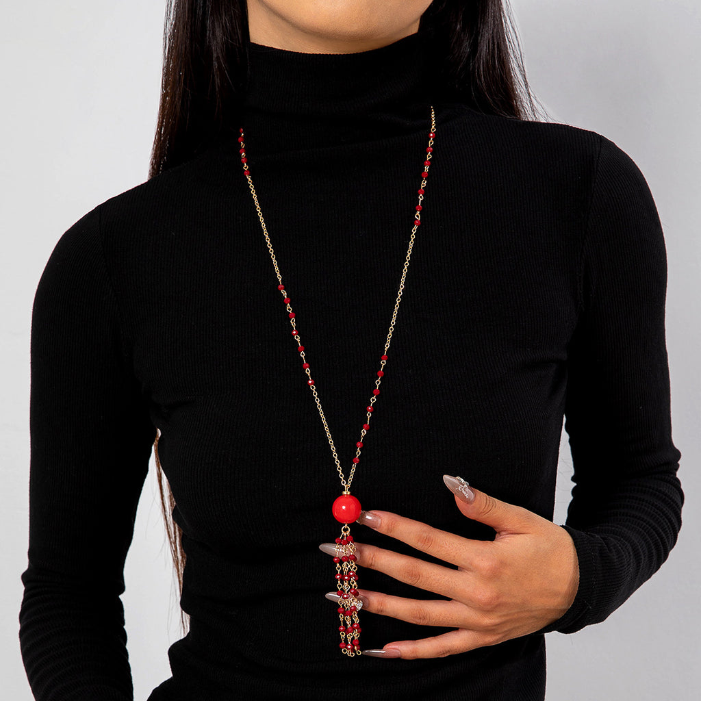 Simple Colorful Beaded Tassel y Chain Necklace Elegant Versatile Diamond-Studded Sweater Chain Jewelry