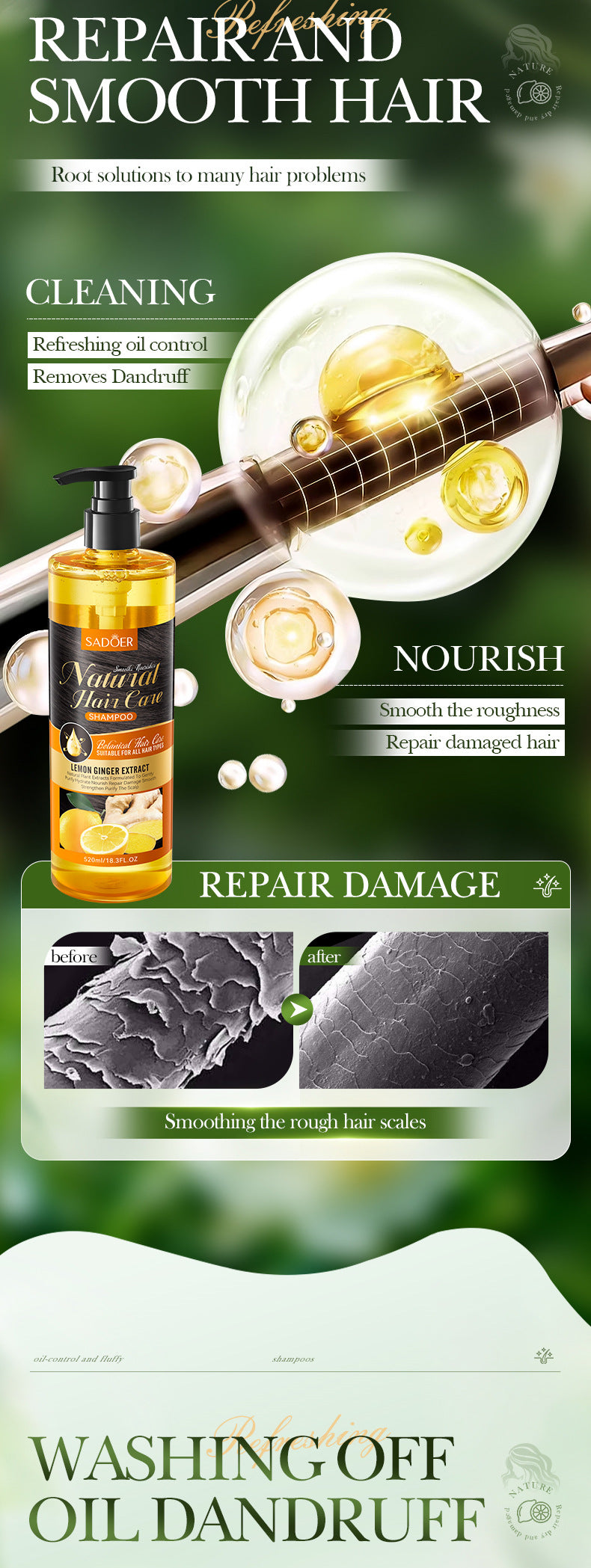 Lemon Ginger Shampoo520ml SADOER Smooth Nourishing Cleansing Shampoo Cross-Border Wholesale