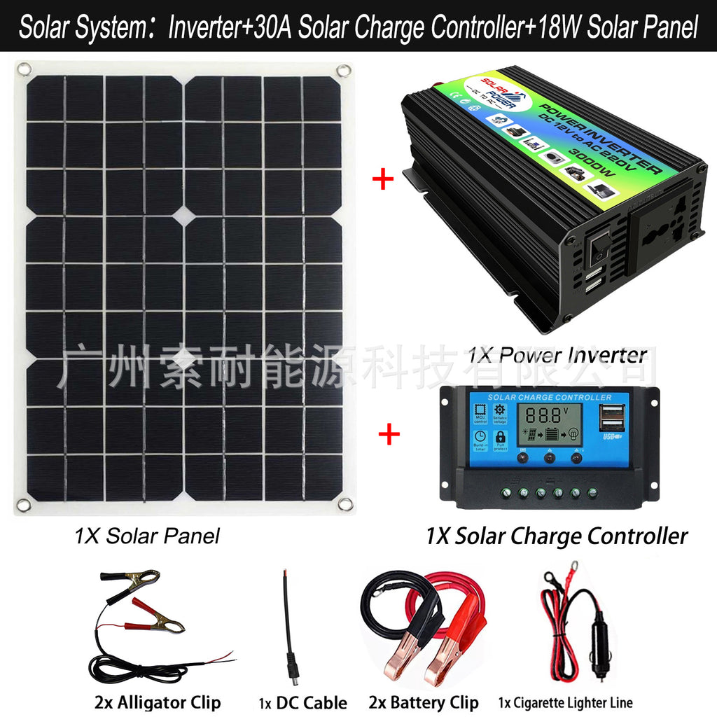 12V Solar Energy Kit System：Inverter 30A Controller 18W Solar Panel Solar System