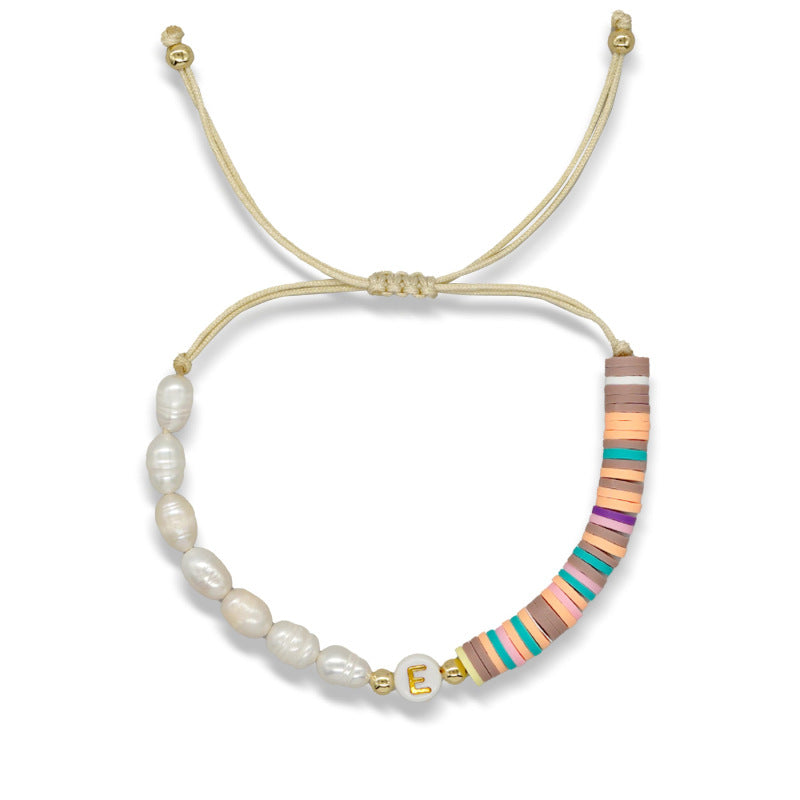 Imitation pearl26Letter Bracelet Bohemian Casual Vacation Bracelet Gold Beads Stretchable Soft Clay Woven Bracelet