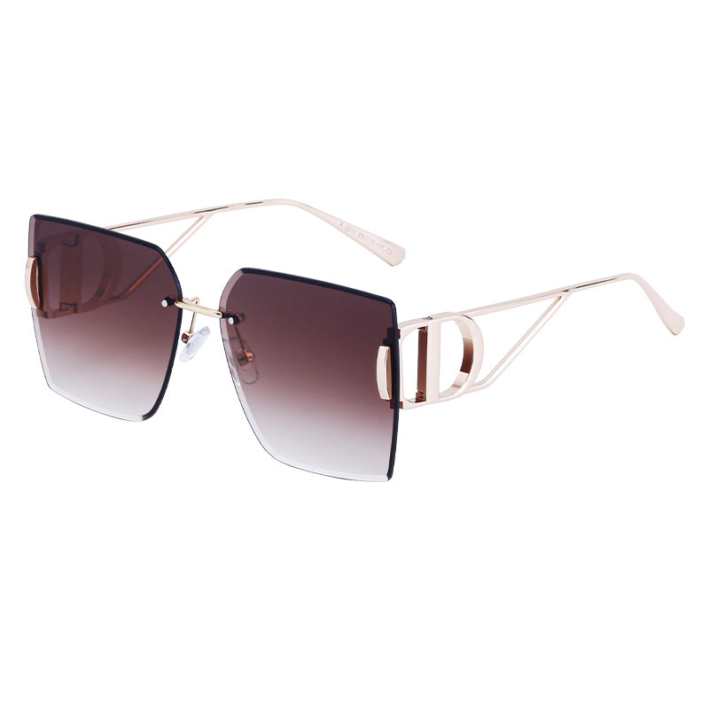 New European and American Fashion Diamond Cut Edge Rimless Sunglasses for Women Trendy Hollow Temple Large Frame Sunglasses Women's Glasses