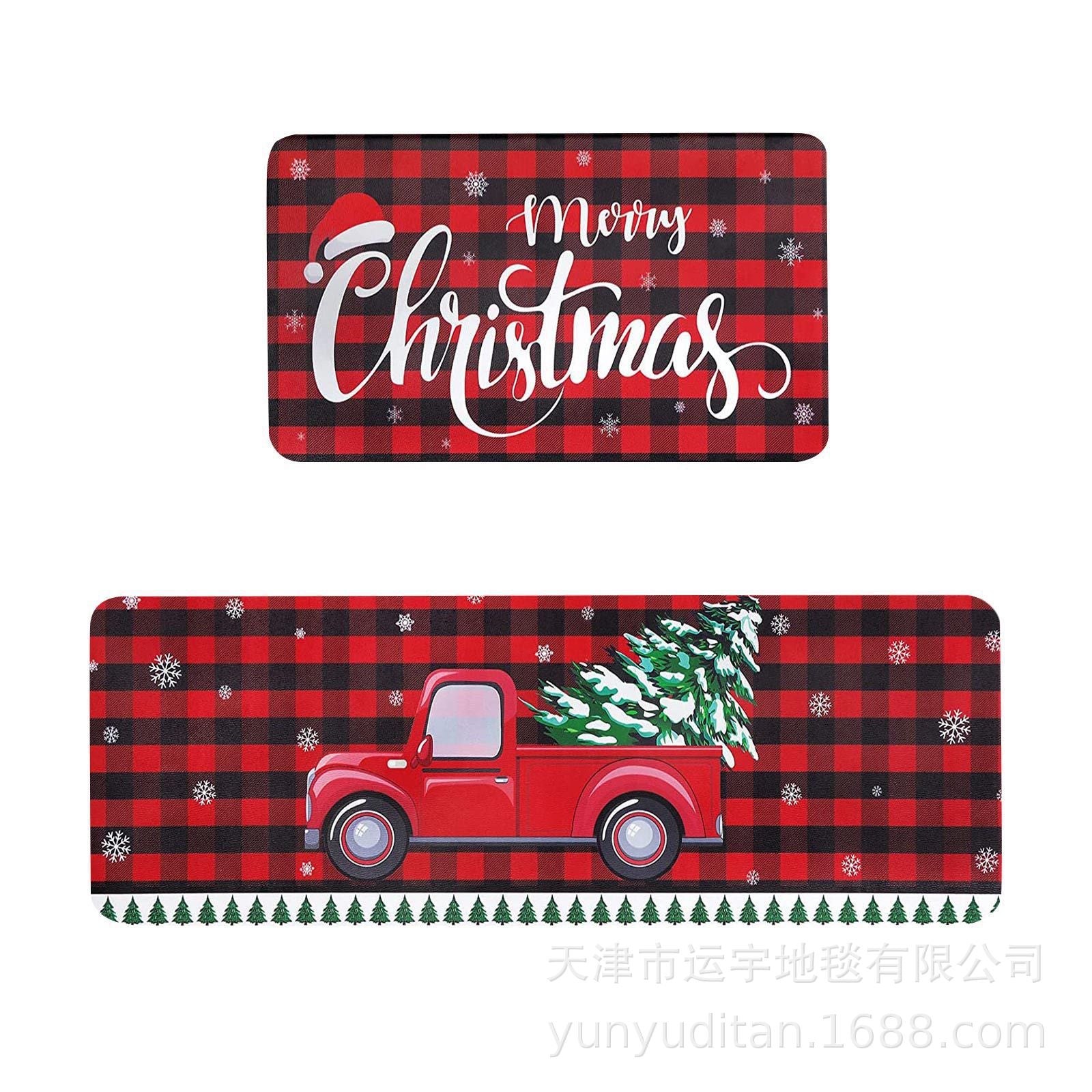 Christmas Kitchen Floor Mat Two-Piece Set Crystal Velvet Water-Absorbent Oil-Absorbent Non-Slip Foot Mat Holiday Decorative Floor Mat