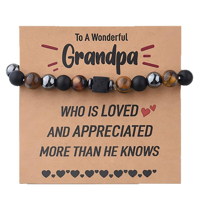 Men's Gift Bracelet Tiger Eye Frosted Elastic Cord Bracelet Grandfather Card Bracelet Spacer Block Volcanic Stone Bracelet