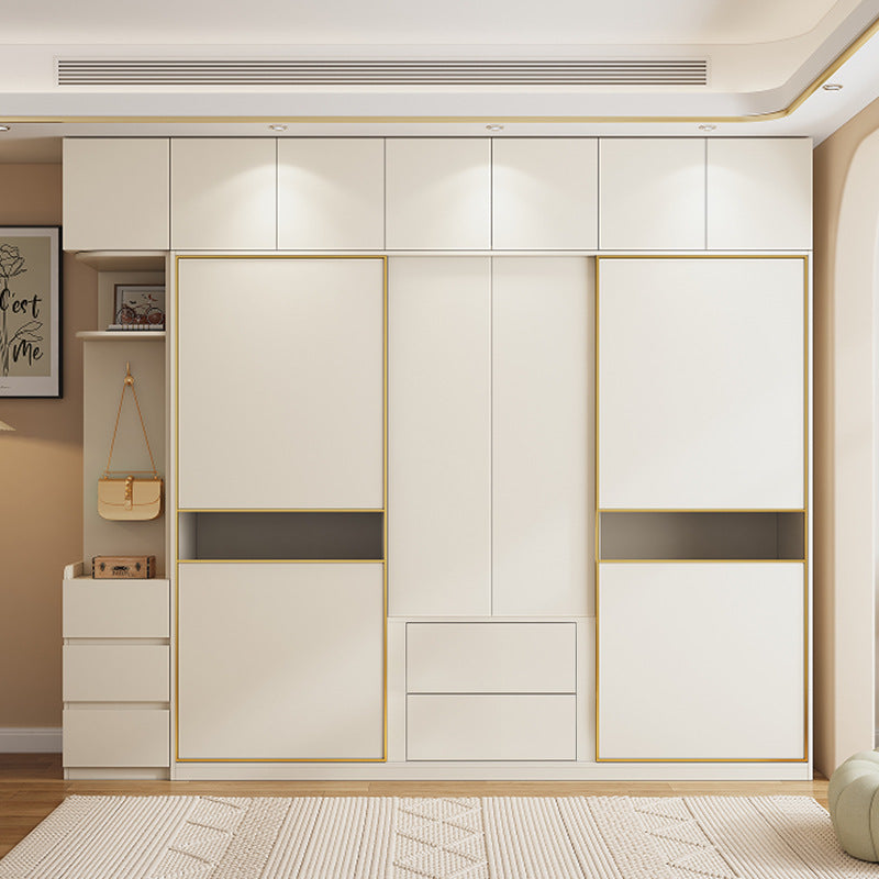 Cream Style Solid Wood Sliding Door Wardrobe for Home Bedroom with Hanging Area, Multiple Storage Cabinets, and Segmented Large Wardrobe