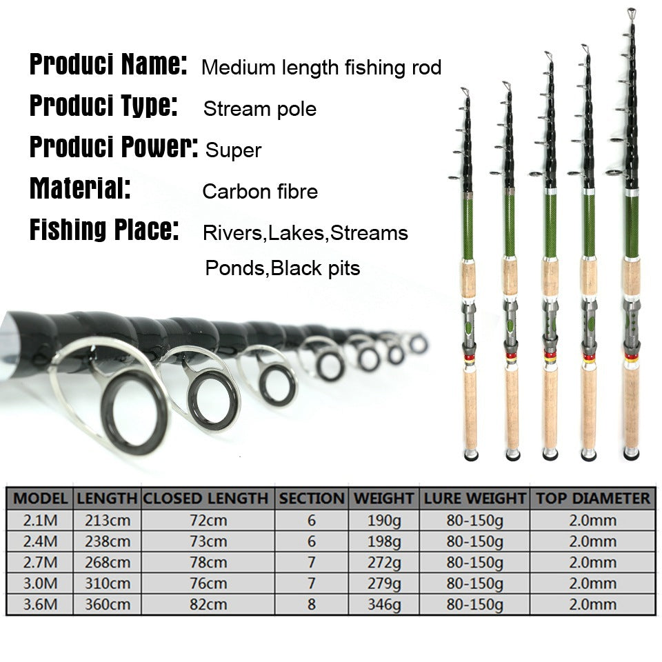 A Long Casting Telescopic Lure Rod with Long Wooden Handle, Sea Rod, Rock Fishing Rod, Carbon Fiber Carp and Bass Rod MH Tune