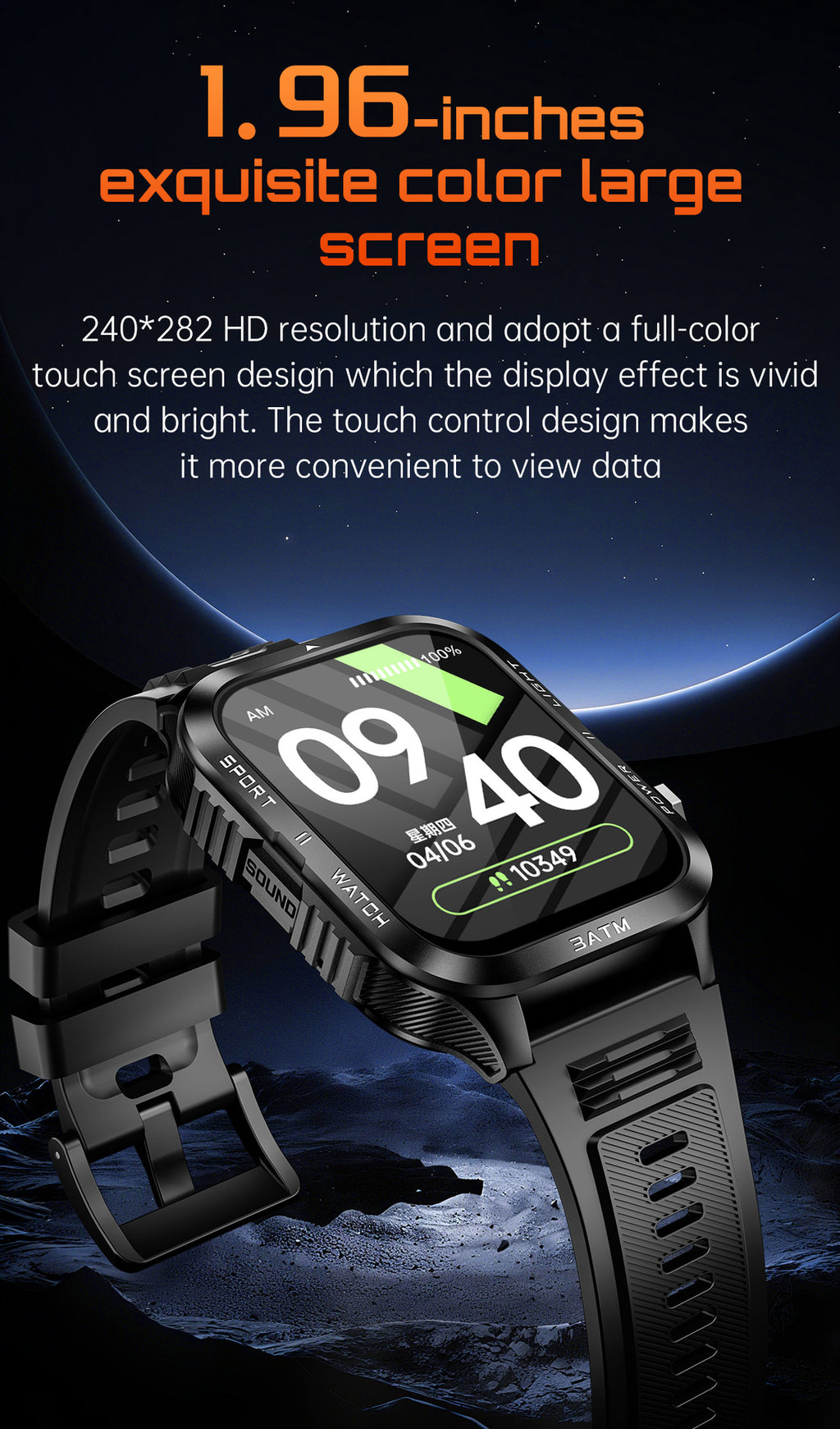 KT89Smart Watch Bluetooth Call True Heart Rate Step Sleep Flashlight Deep Waterproof Three-Proof Sports Reminder