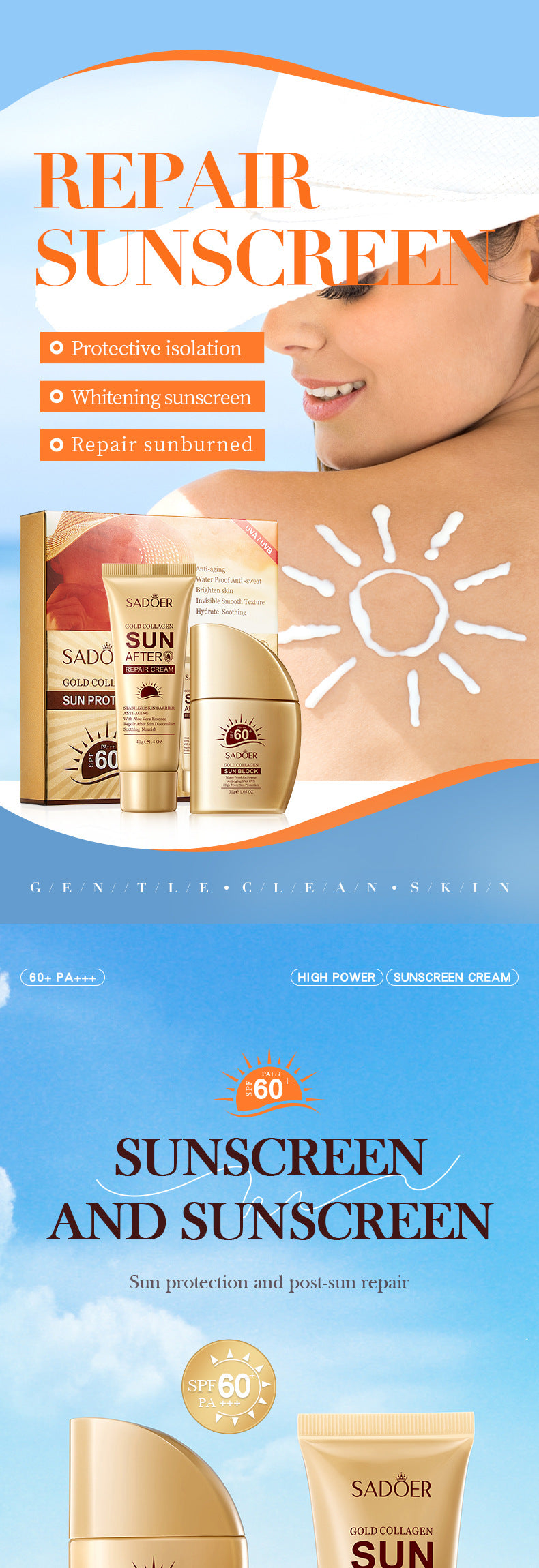 Full English Sunscreen Set SADOER Golden Collagen SPF60+Protective Suit  Wholesale