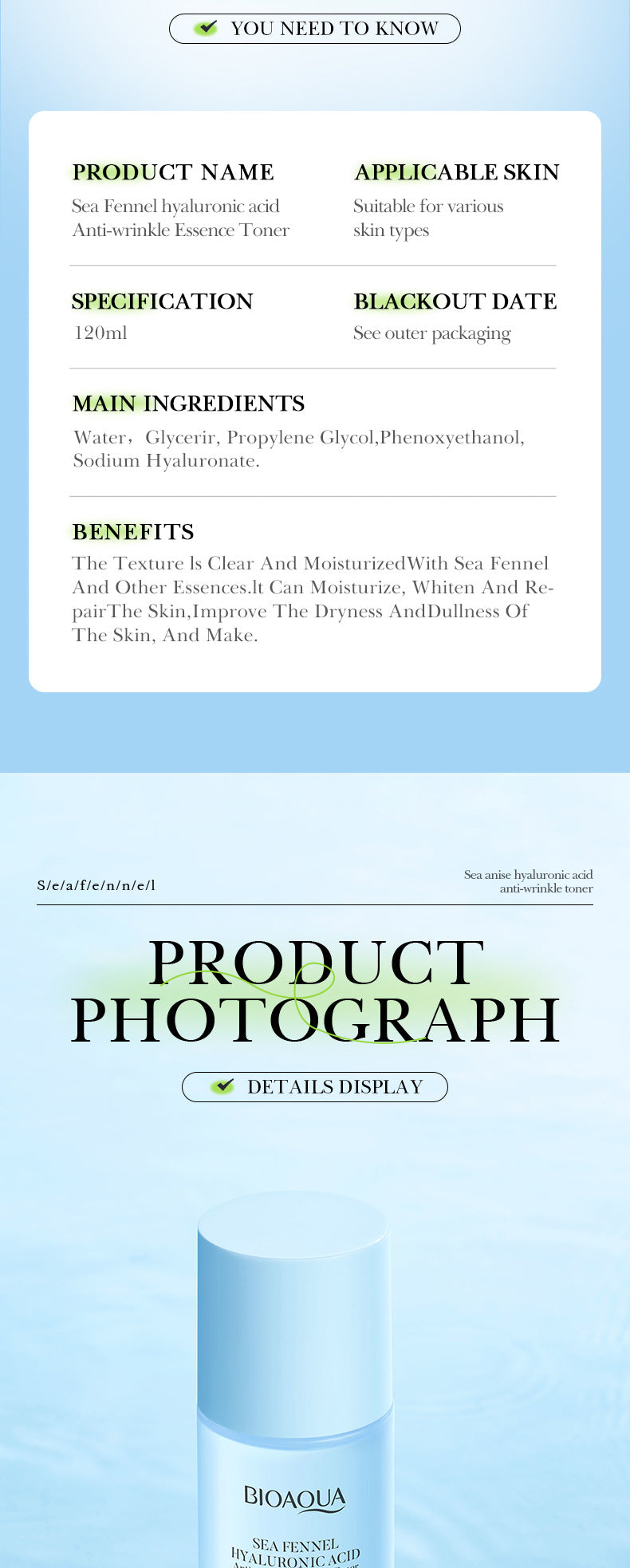 Sea Fennel Hyaluronic Acid Skin Care Set  BIOAOUA Moisturizing Five-Piece Set Cross-Border Wholesale