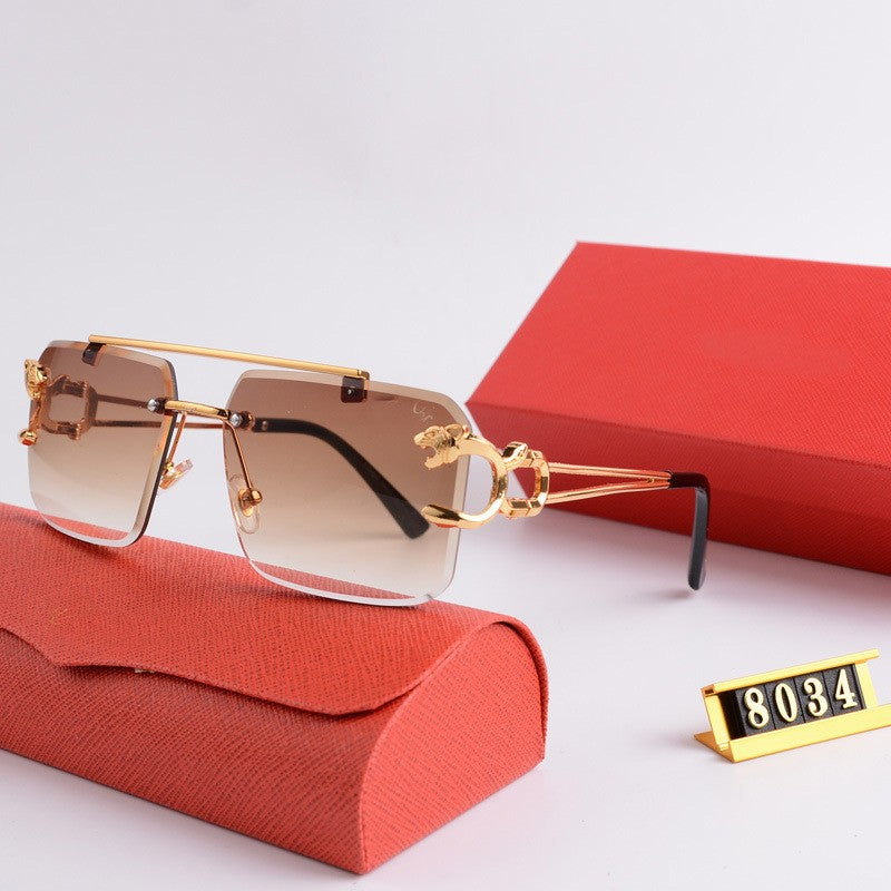 New Frameless Leopard Head Sunglasses for Women, Metal Double Bridge Frameless Sunshade Glasses, Trendy Men's Square Sunglasses