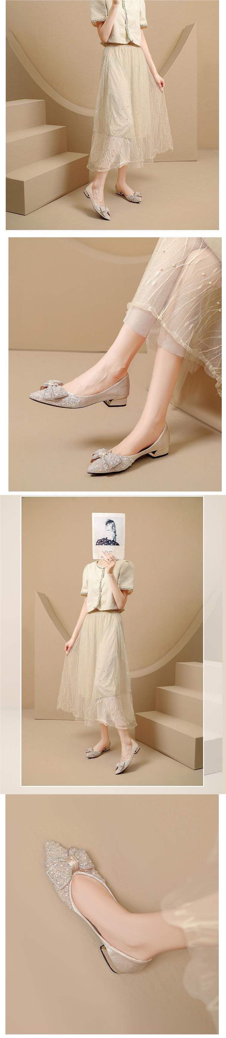 French high heels thick heel bowknot single shoes for women in summer2025New style rhinestone shiny women's shoes, two-way wear