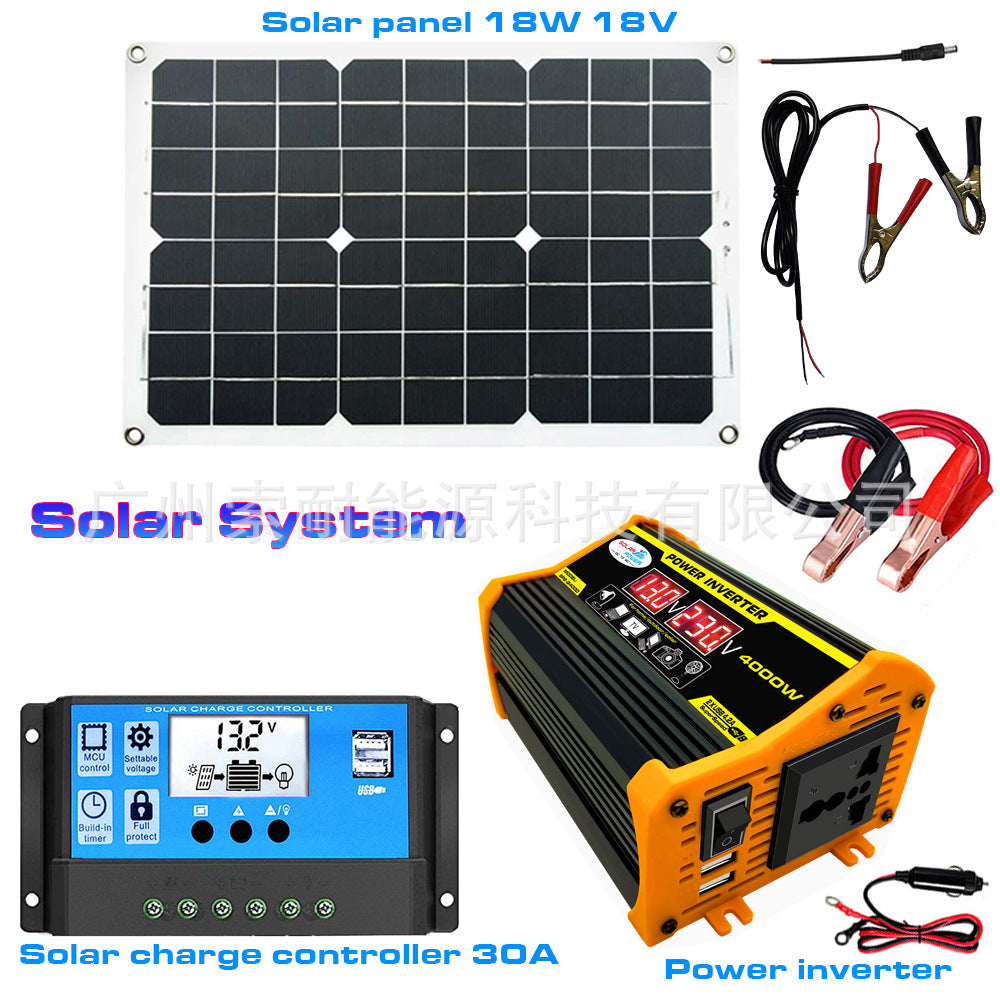 Solar Energy Kit System:12V Inverter 30A Controller 18W Solar Panel Solar System