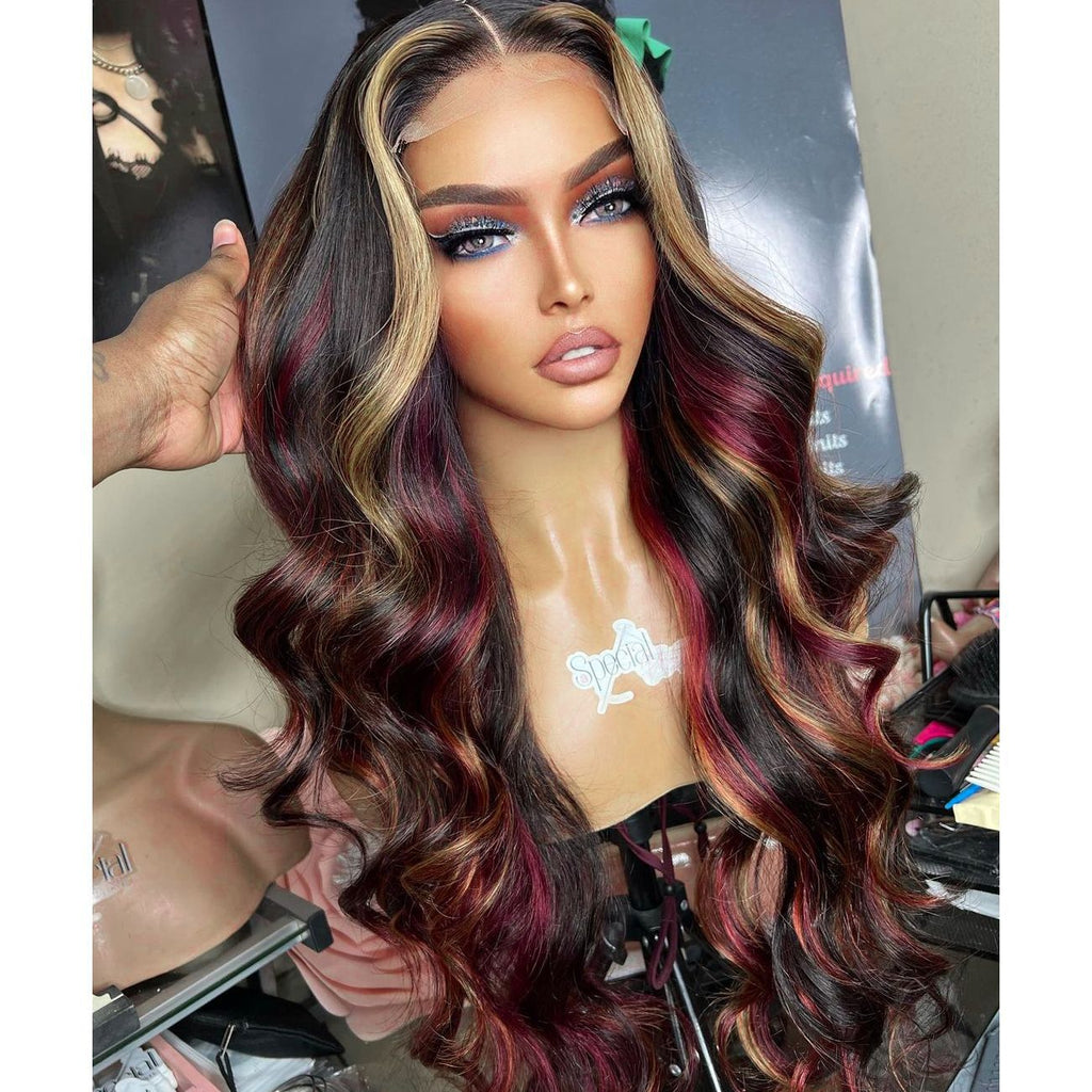 Highlight Wig Red Black 13X4 Synthetic Lace Front Wigs