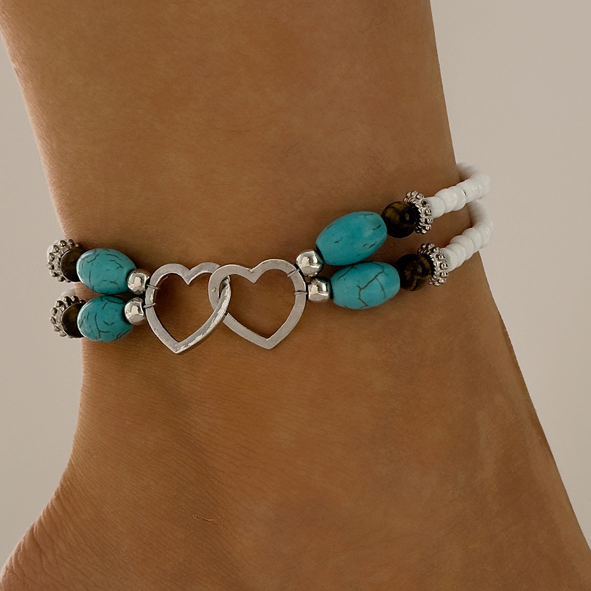 Wholesale Bohemian Vacation Style Rice Bead Turquoise Jewelry Set Metal Heart Jewelry