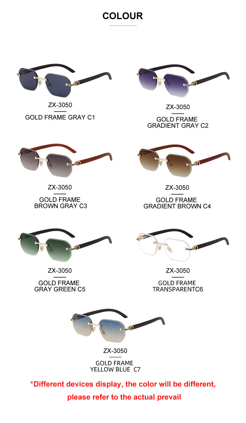 Frameless Glasses for Men High-End European and American Retro Imitation Wood Grain Temple Sunglasses UV Protection Personality Sunglasses