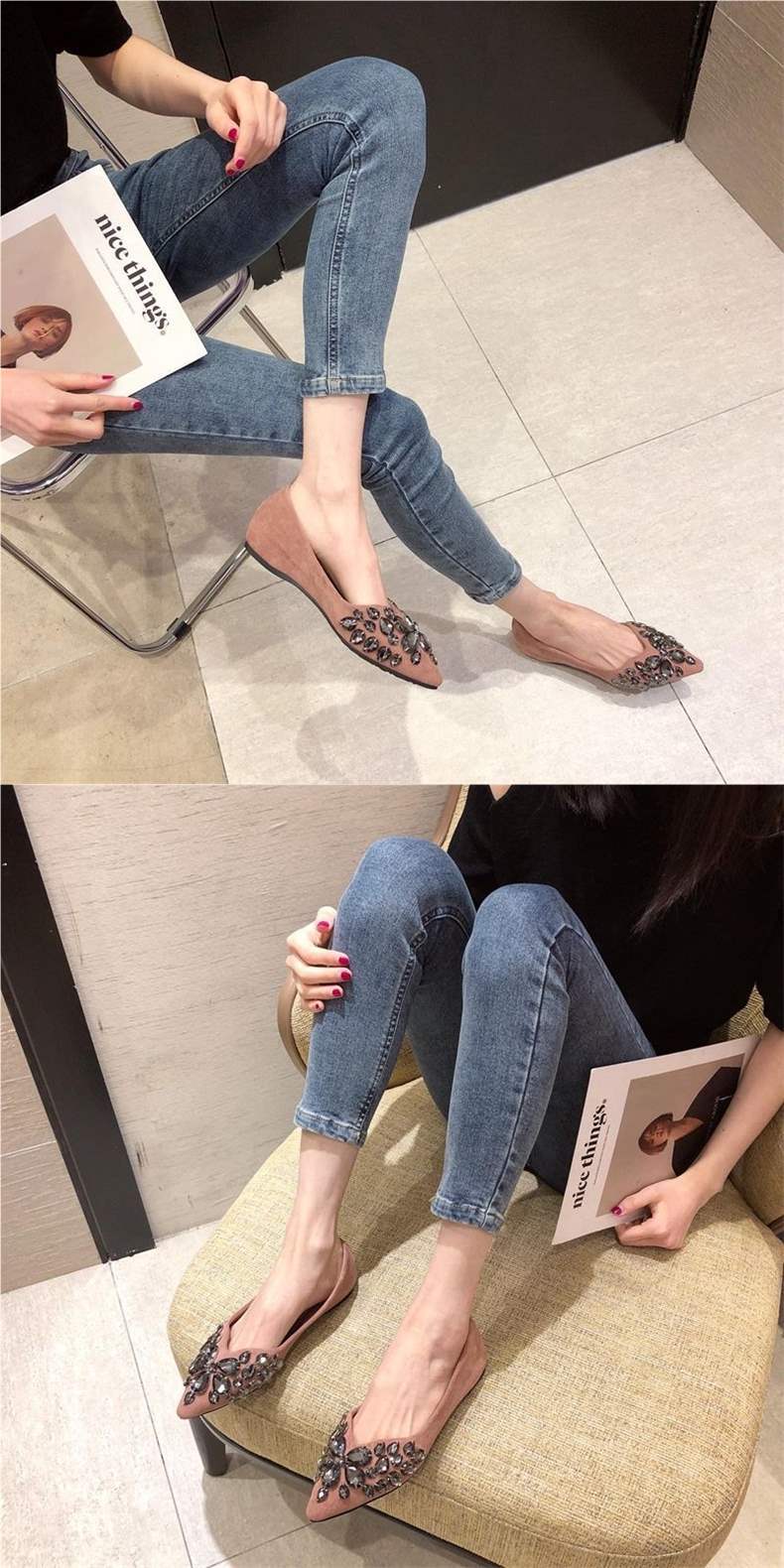 European and American Style2025Spring Summer New Women's Shoes Suede Fashion Shallow Mouth Pointed Toe Hidden Wedge Flat Heel Flat Shoes