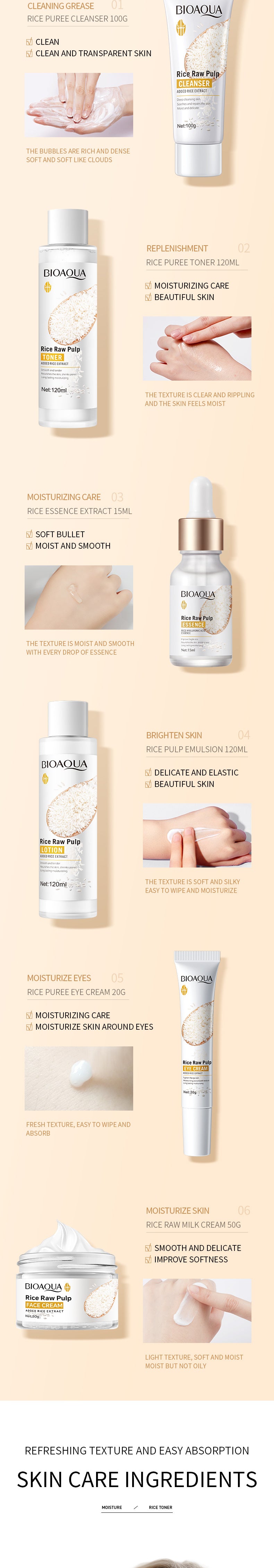 Full English Rice Skincare Set BIOAOUA Rice Puree Series Six-Piece Set Box  Wholesale