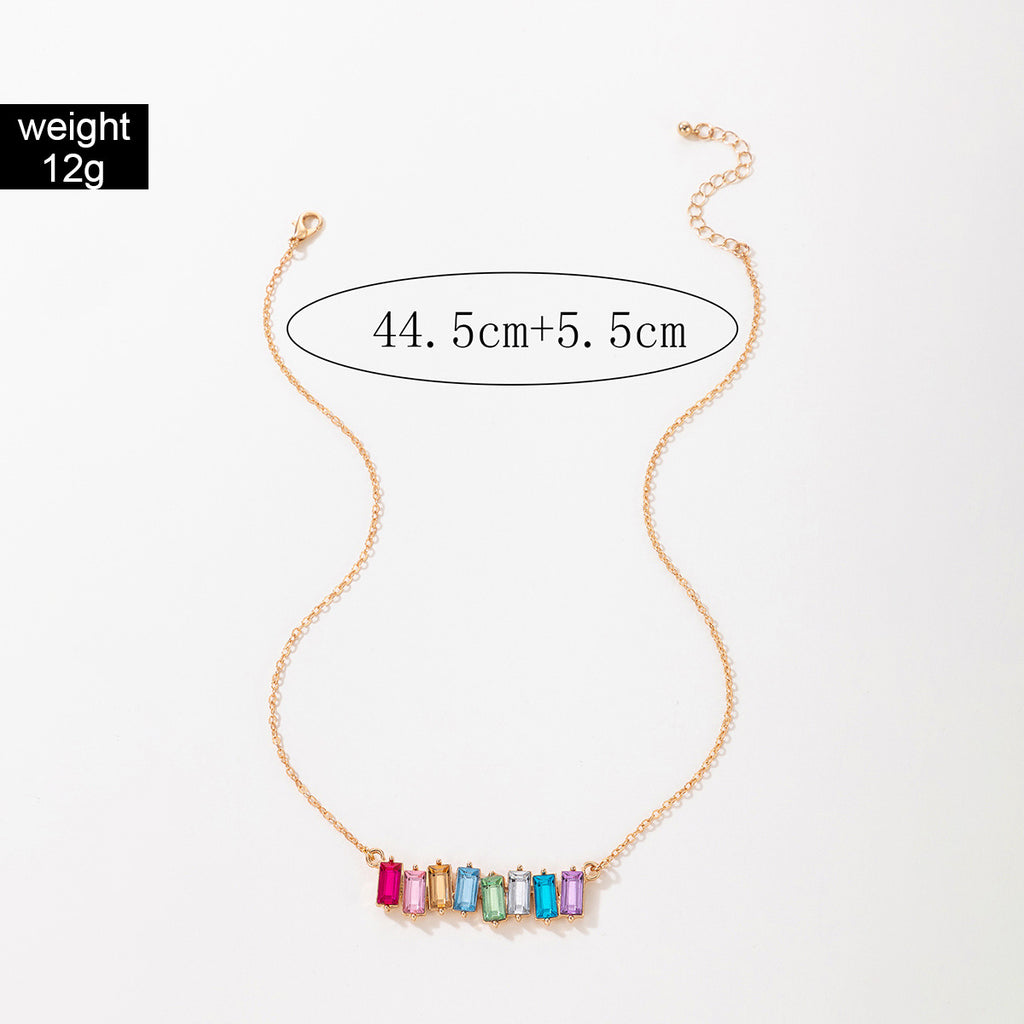 European and American Style Jewelry Colorful Square Inlaid Diamond Single Necklace Geometric Chain Imitation Gemstone Single Layer Collarbone Chain