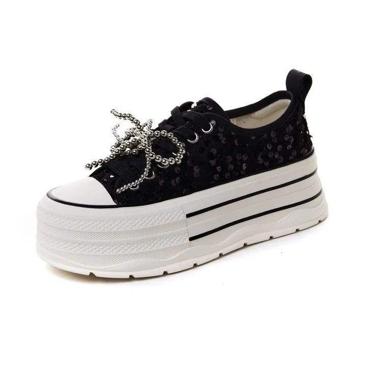 Women's Thick-Soled Canvas Shoes2025Summer New Sequin Pearl White Shoes Lightweight Versatile Height-Increasing Casual Sneakers