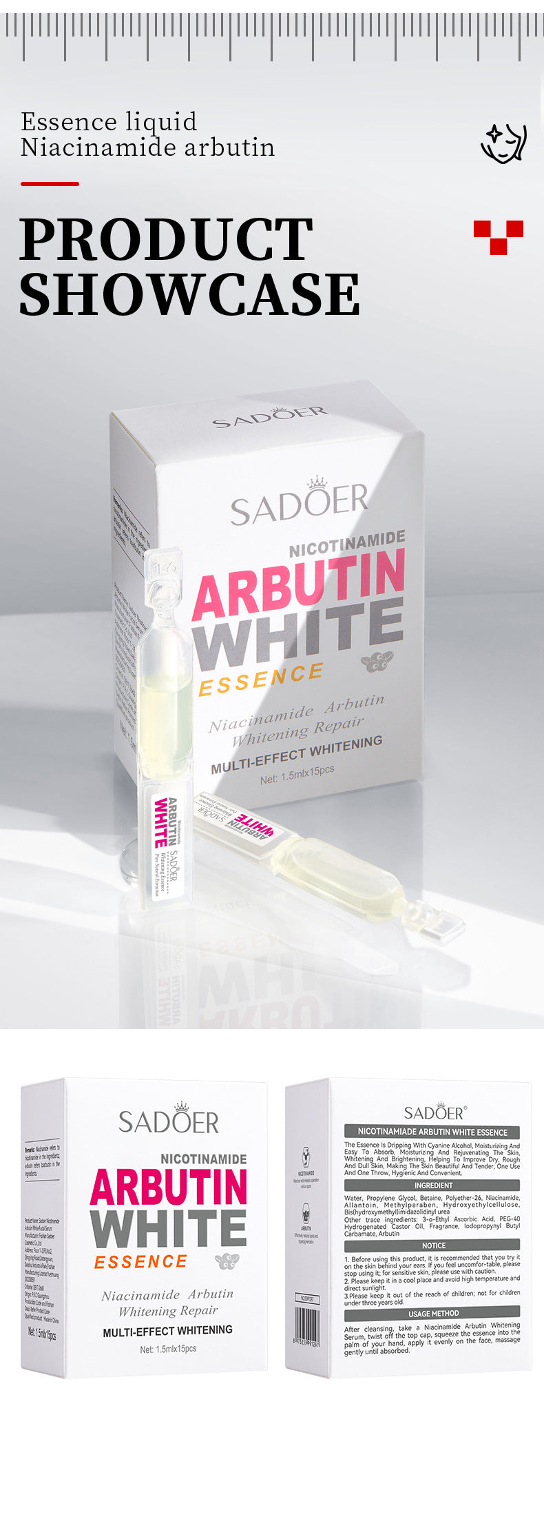 Niacinamide Whitening Ampoule Serum SADOER Arbutin Hydrating and Brightening Essence Cross-Border Wholesale
