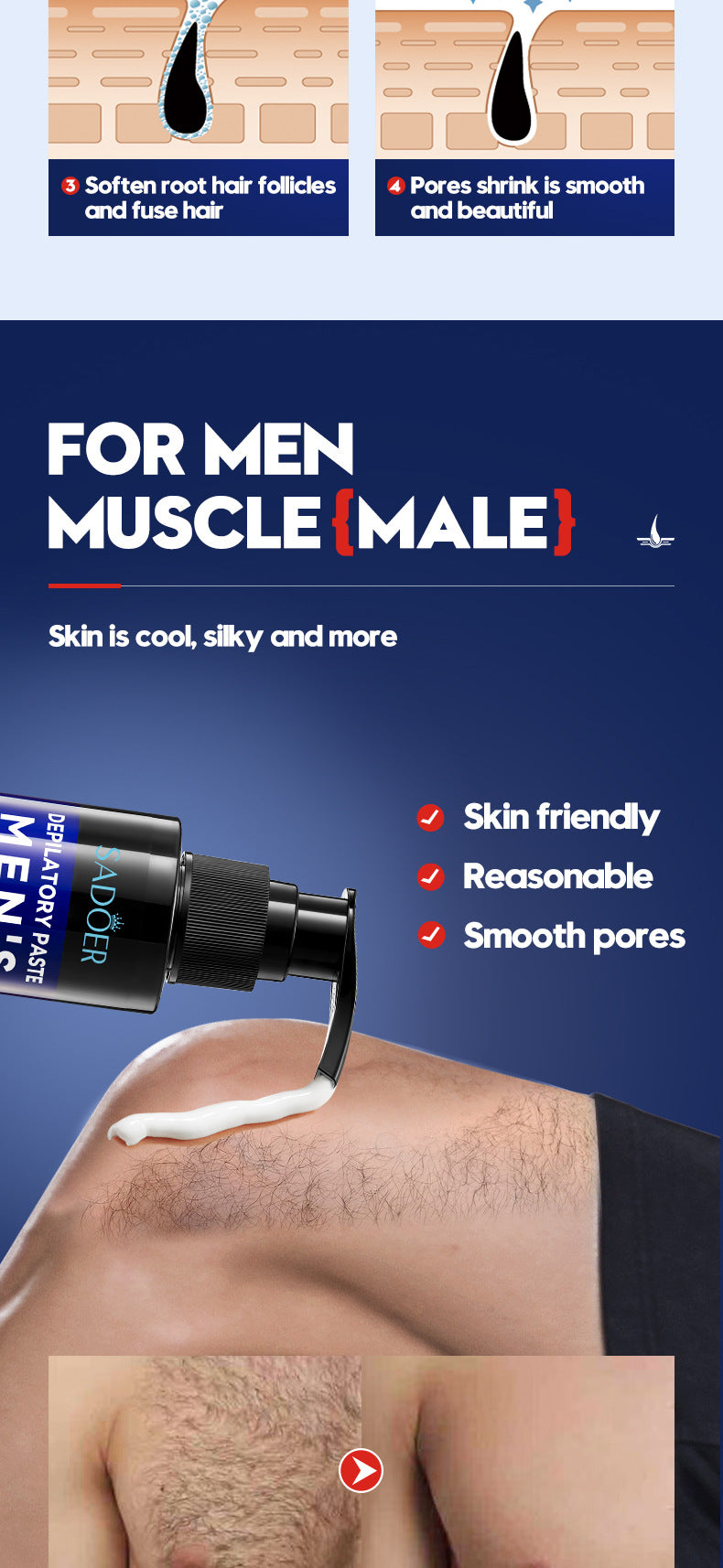 Men's Smooth Hair Removal Cream SADOER Non-irritating Underarm Body Hair Removal Cream Cross-Border Wholesale