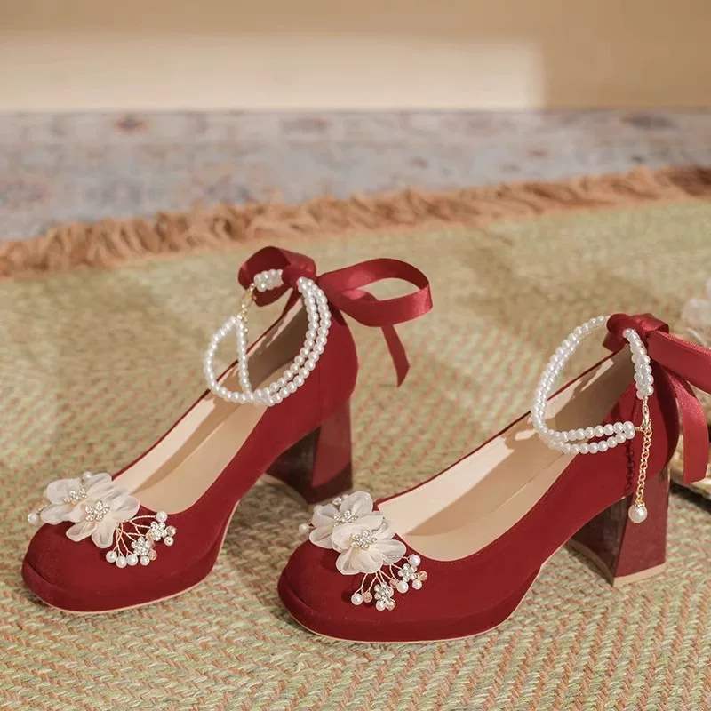 Red Thick-Soled Height-Increasing Wedding Shoes for Women2025New Bride Shoes Xiuhe Wedding Dress Dual-use Thick Heel Not Tired Feet High Heels