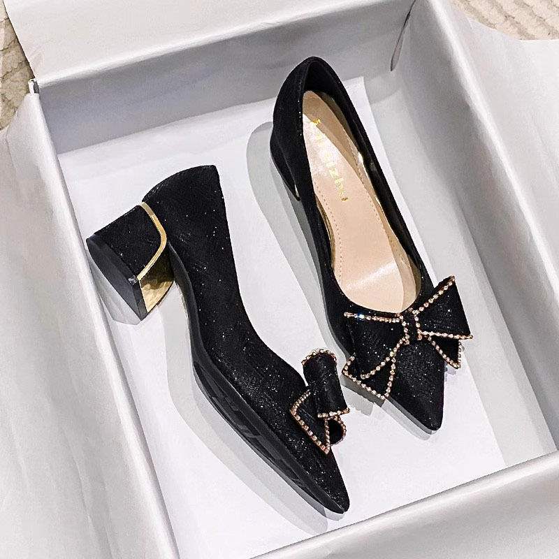 French style high heels with chunky heels and pointed toes for women2025New Spring and Autumn Style Elegant Plus Size Women's Shoes Mid-Heel Wedding Shoes
