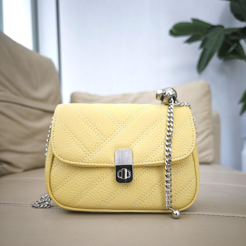Genuine Leather Women's Bag New Metal Chain Small Square Bag Simple Versatile Chanel Style Single Shoulder Solid Color Embroidered Thread Crossbody Bag