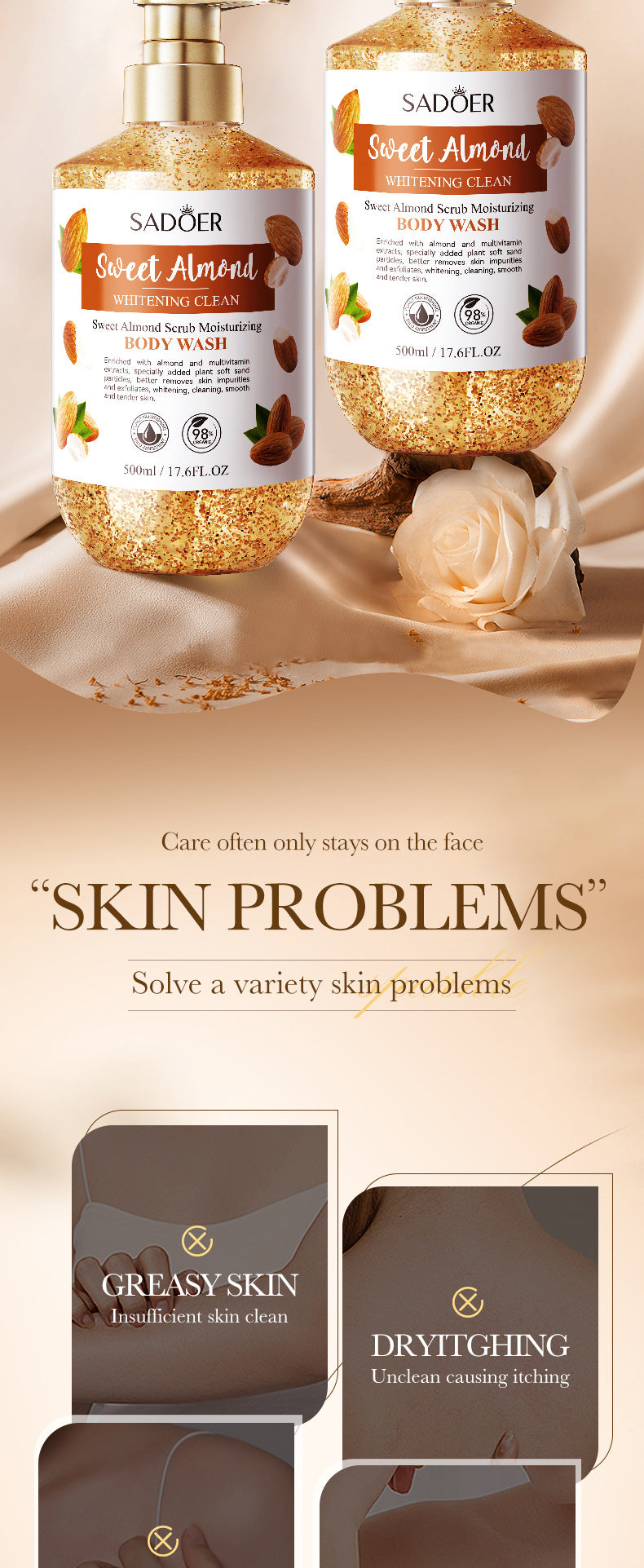 Full English Sweet Almond Whitening Scrub Body Wash500ml SADOER  foreign trade wholesale of cleansing body wash