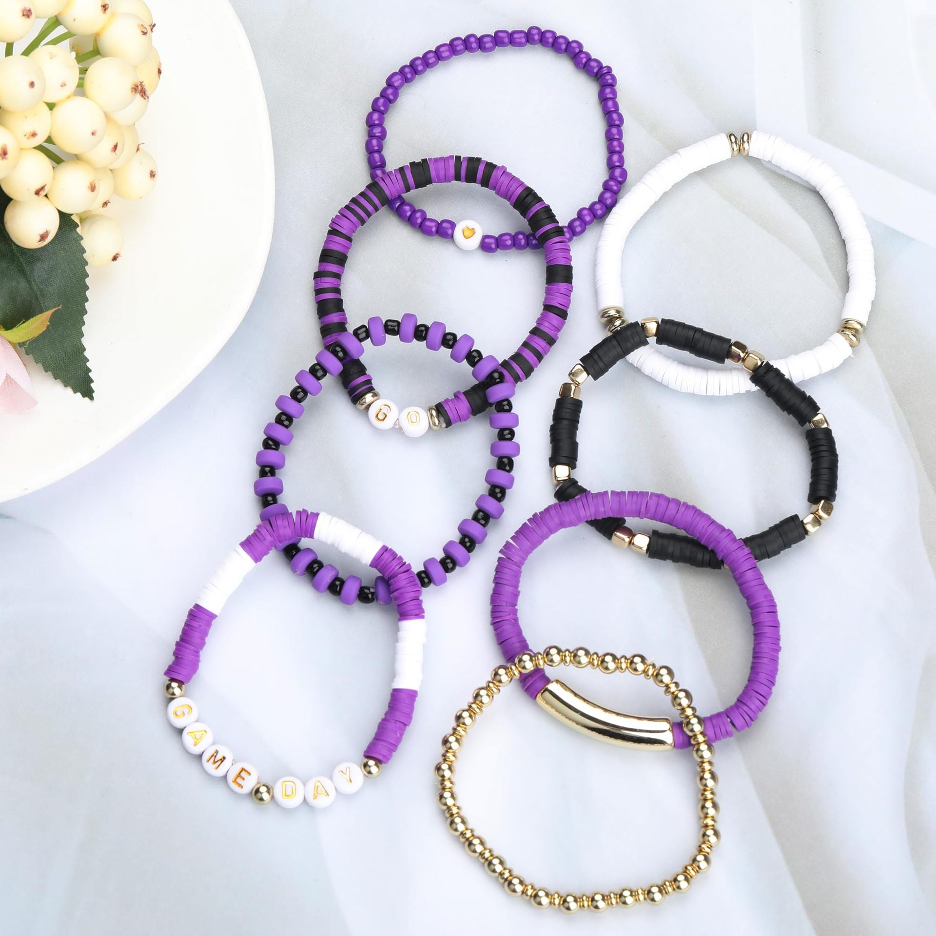 Game Day Soft Clay Bracelet Set Multi-layer Stackable Elastic Bracelet Super Bowl Game Day Football Bracelet