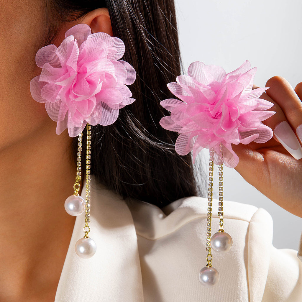 European and American Style Exaggerated Imitation Pearl Tassel Flower Earrings Fresh and Elegant Temperament Earrings for Women