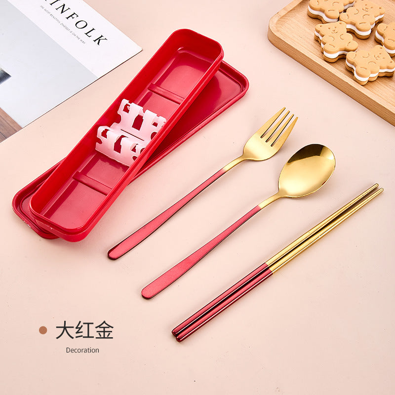 Stainless Steel Korean Portable Tableware Set Spoon Fork Chopsticks Three-Piece Set Student Travel Internet Celebrity Tableware