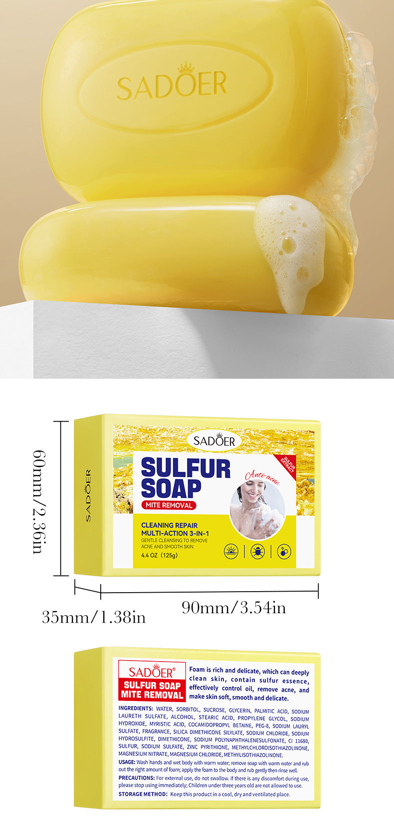 Sulfur Mite Removal Soap125gSADOER Universal Handmade Soap for Body Cleansing, Fragrant Soap, Cross-Border Wholesale