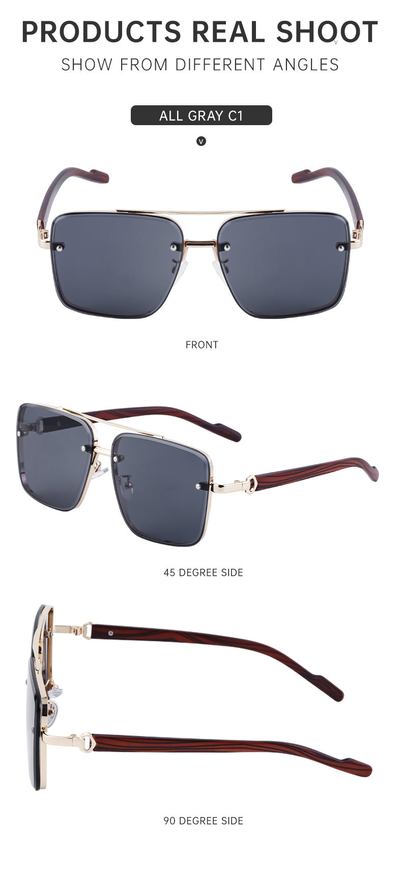 European and American Style Square Frame Cut Edge Sunglasses for Men with Imitation Wood Grain Temples, Men's Trendy Wholesale sunglass