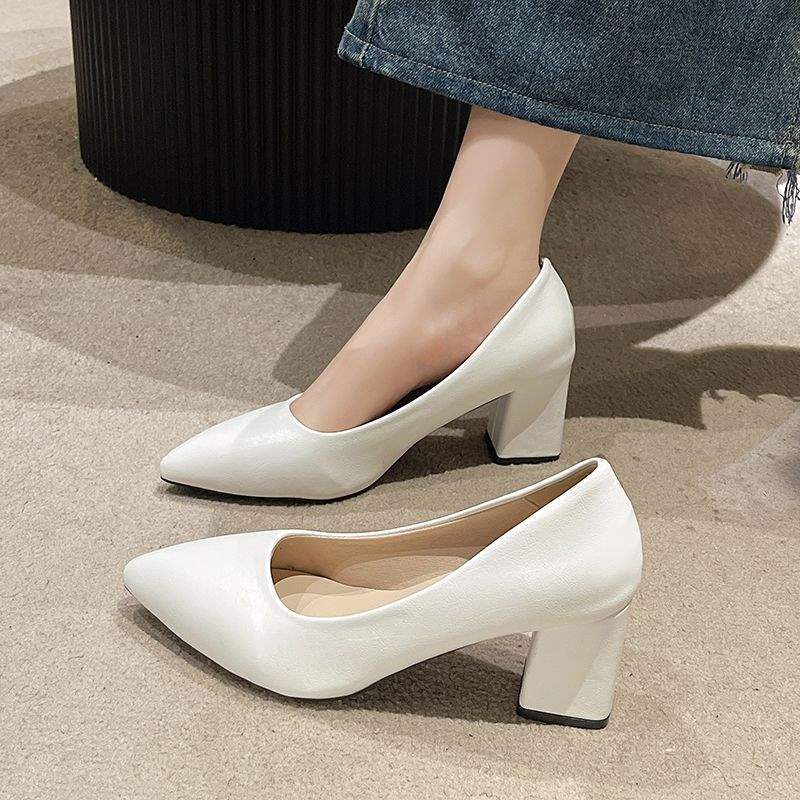 Etiquette Black Large Size High Heels Shallow Mouth Pointed Toe Non-Chafing Single Shoes Women Chunky Heel Professional Versatile Mid-Heel Work Shoes