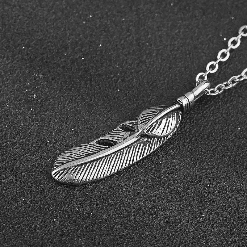 Stainless Steel Feather Pendant Men's Trendy Hip-Hop Summer Retro Niche Necklace Titanium Steel Accessories Factory Wholesale