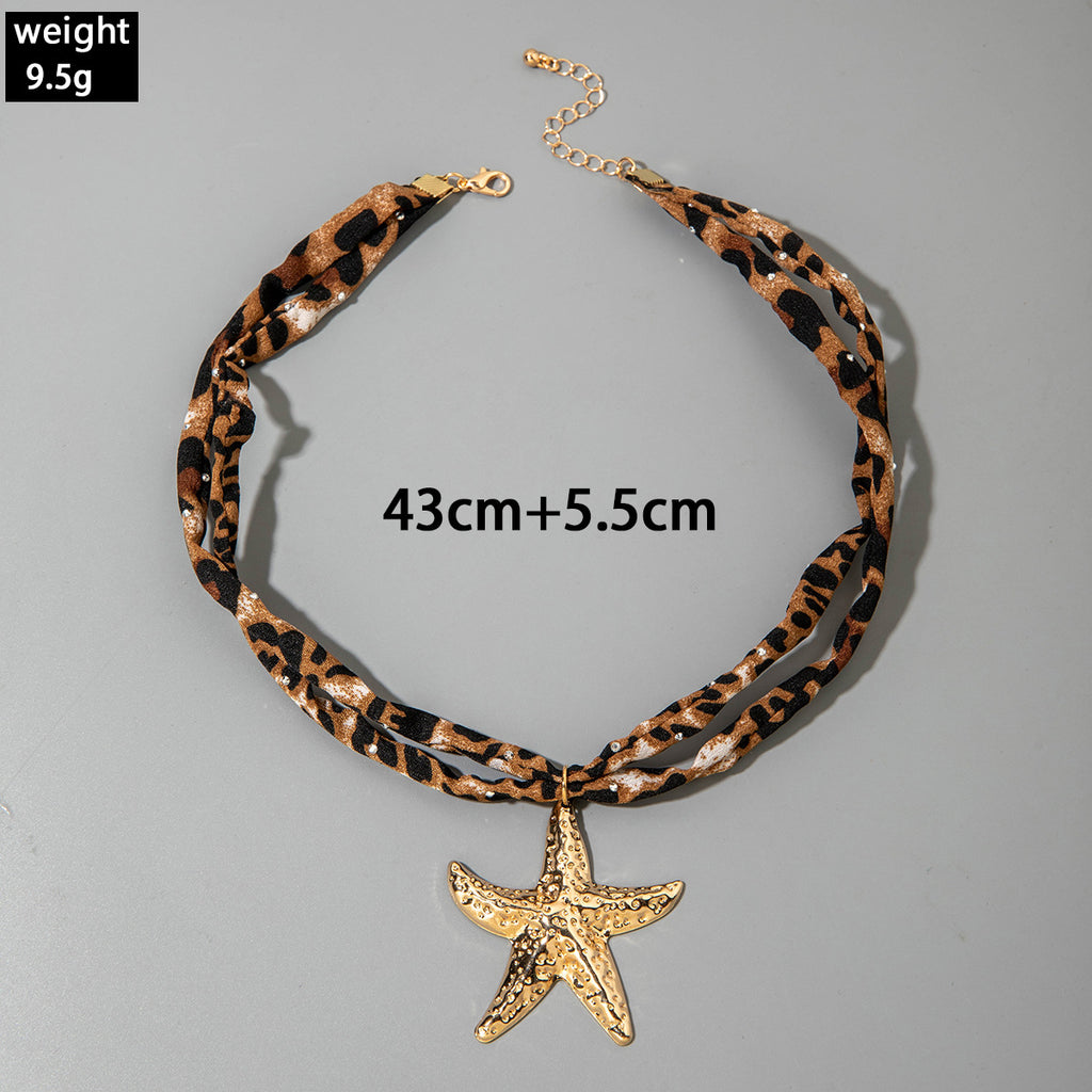 European and American Style Ocean-themed Cross Conch Starfish Pendant Leopard Print Exaggerated Necklace Collarbone Chain Jewelry